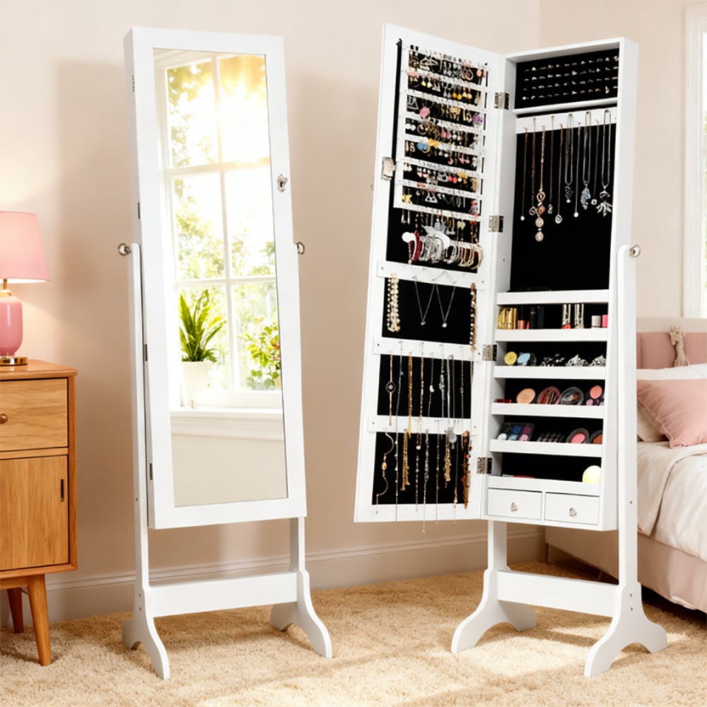 Lockable Mirrored Jewelry Cabinet Armoire Storage Organizer Box_voghion.com